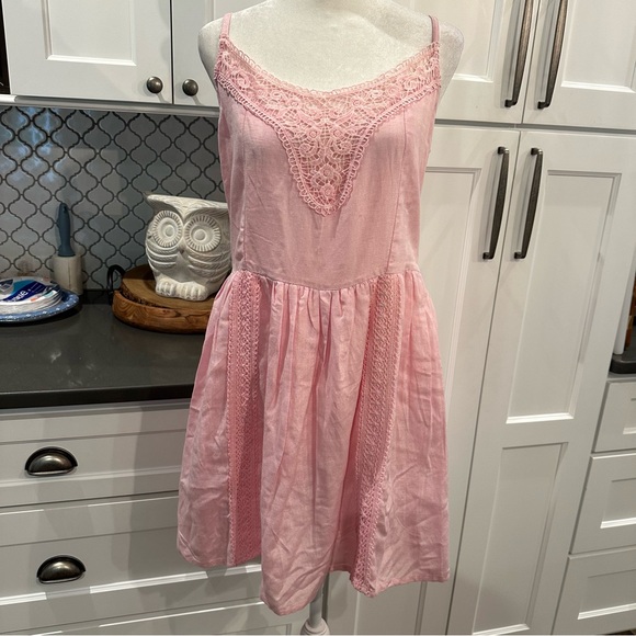 Jolie & Joy Pink Lace Embroidered Linen Spaghetti Strap Boho Sun Dress Size XL - Picture 1 of 14